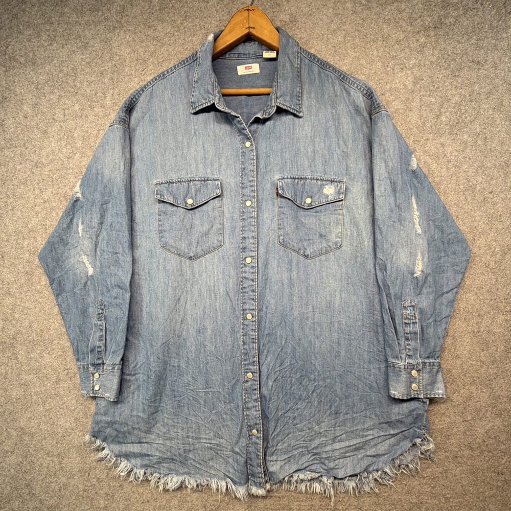 Levis Denim Western Shirt Mens Large Blue Distressed Pearl Snap Long Sleeve G4
